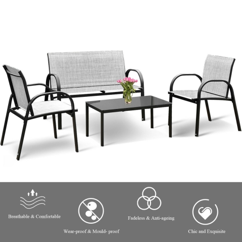 Costway 4 PCS Patio Furniture Set Sofa Coffee Table Steel Frame Garden Deck Gray