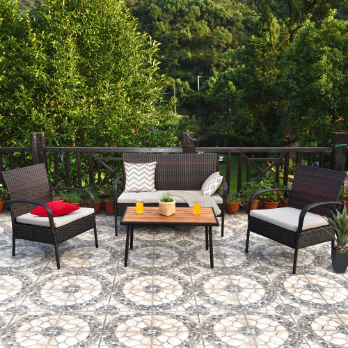 GYMAX  4PCs Cushioned Rattan Patio Conversation Set Outdoor Furniture Set