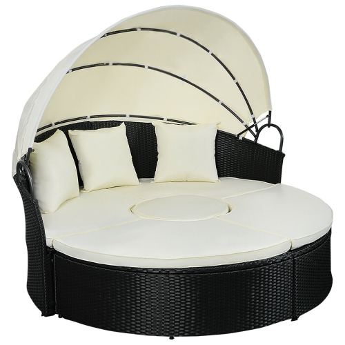 Gymax Rattan Wicker Round Retractable, Outdoor Wicker Patio Furniture Round Canopy Bed Daybed