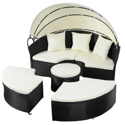 Gymax Rattan Wicker Round Retractable Canopy Daybed Sofa Furniture Set Outdoor Patio