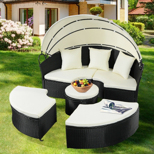 Gymax Rattan Wicker Round Retractable Canopy Daybed Sofa Furniture Set Outdoor Patio
