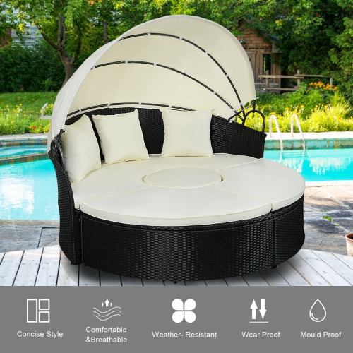 Gymax Rattan Wicker Round Retractable Canopy Daybed Sofa Furniture Set Outdoor Patio