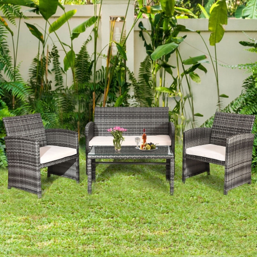 Gymax 4PCS Patio Outdoor Rattan Furniture Set w/ Cushioned Chair Loveseat Table