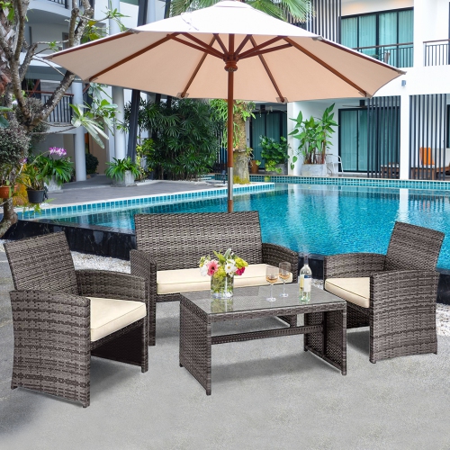 Gymax 4PCS Patio Outdoor Rattan Furniture Set w/ Cushioned Chair Loveseat Table