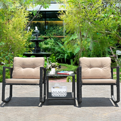 Gymax 3PCS Rattan Rocking Chair Table Set Patio Furniture Set w/ Cushions