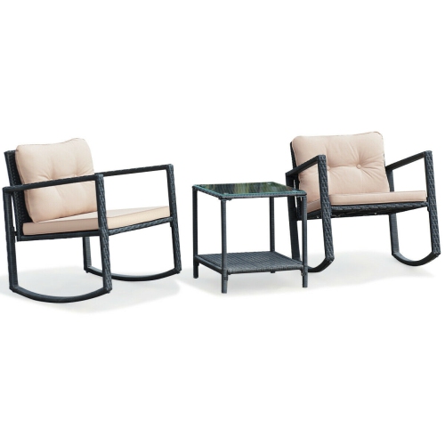 Gymax 3PCS Rattan Rocking Chair Table Set Patio Furniture Set w/ Cushions