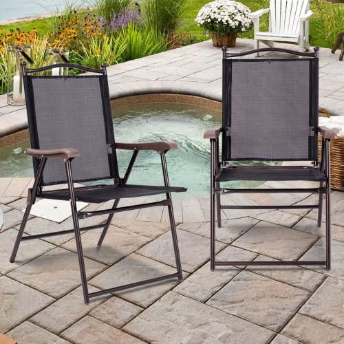 GYMAX  Set Of 2 Folding Patio Furniture Sling Back Chairs Outdoors In Black