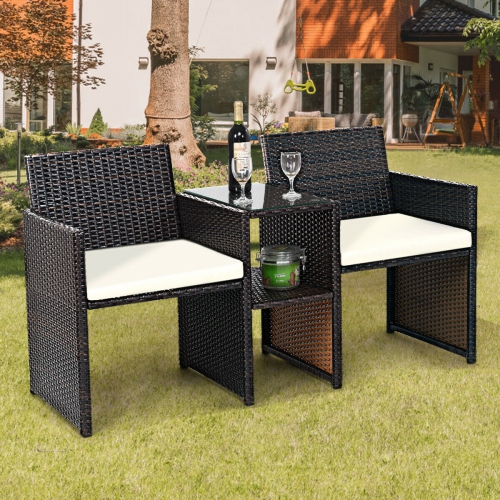 Gymax Cushioned Patio Rattan Seat Loveseat Sofa Table Chairs