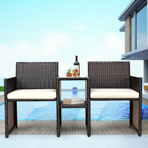 Gymax Cushioned Patio Rattan Seat Loveseat Sofa Table Chairs