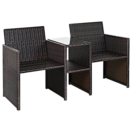 Gymax Cushioned Patio Rattan Seat Loveseat Sofa Table Chairs