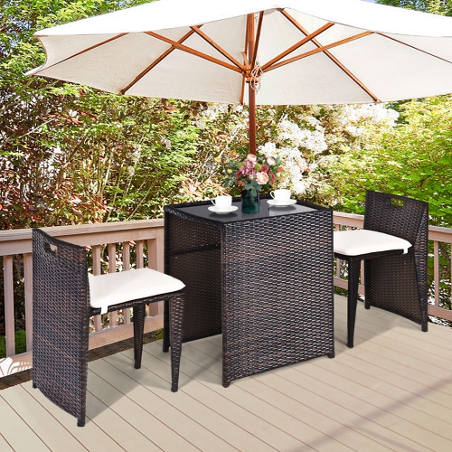 GYMAX  3 PCs Cushioned Wicker Patio Furniture Set Seat Sofa Outdoor No Assembly In Brown