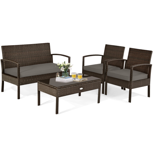Gymax 4PCS Patio Garden Outdoor Rattan Wicker Furniture Set Brown