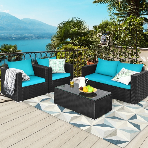 Gymax 4PC Rattan Patio Furniture Set Outdoor Wicker With Turquoise Cushion