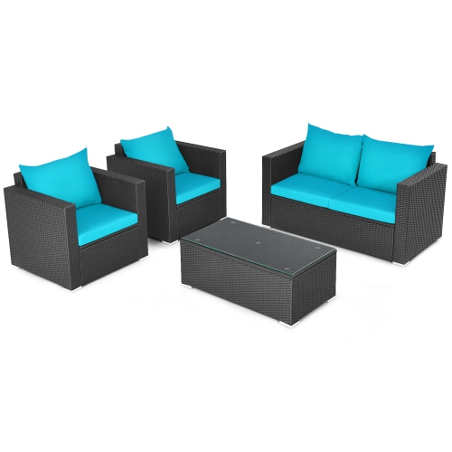 Gymax 4PC Rattan Patio Furniture Set Outdoor Wicker With Turquoise Cushion