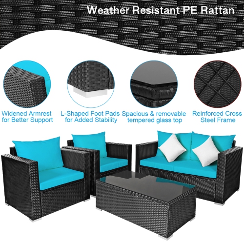 Gymax 4PC Rattan Patio Furniture Set Outdoor Wicker With Turquoise Cushion