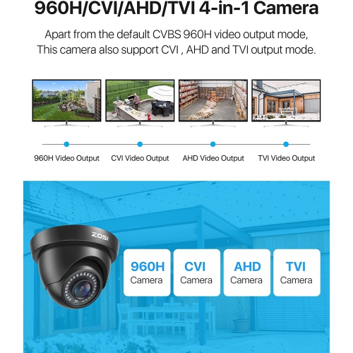 ZOSSI – caméra de surveillance HD-TVI/CVI/CVBS DVR supplémentaire avec fil 1080P 2&nbsp;Mpx hybride 4-en-1, IP66, vision nocturne 80&nbsp;pi, noir