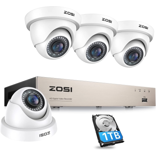 Système de surveillance DVR HD 4CH 1 To avec 4 caméras à dôme 1080p de ZOSI - Noir