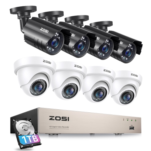 ZOSI  H.265+ 8Ch 5Mp Lite Dvr Security Camera System, 4X Bullet & 4X Dome 2Mp Wired Surveillance Camera Outdoor, 80Ft Night Vision, Motion Detection