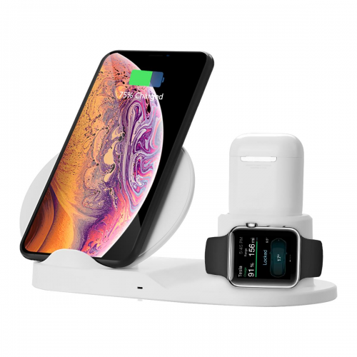 Three in One Qi Wireless Fast Charging Stand for Phone, Apple Watch and AirPods - White