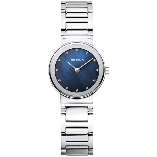 Bering Classic 26mm Women's Dress Watch with Swarovski Crystals - Silver/Blue Mother of Pearl