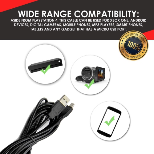 Micro USB Cable - 3m (10ft) Fast Charging Accessory for PS4, Xbox One, Phones and Tablets by EVORETRO