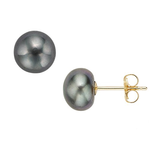 Pearlyta 14K Gold 'AAA' Quality Black Pearl Button Stud Earring for Women 7-8mm