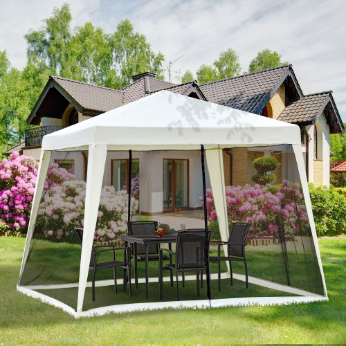Outsunny 10x10ft Party Tent Canopy with Netting, Patio Screen House Slant Leg Outdoor Gazebo Sun Shade Shelter, Beige