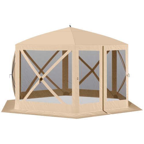 OUTSUNNY  12' X 12' Hexagon Pop Up Screen Tent, Automatic Camping Shelter Picnic Canopy Outdoor Sun Shade With Mesh Sidewalls And Carry Bag In Beige