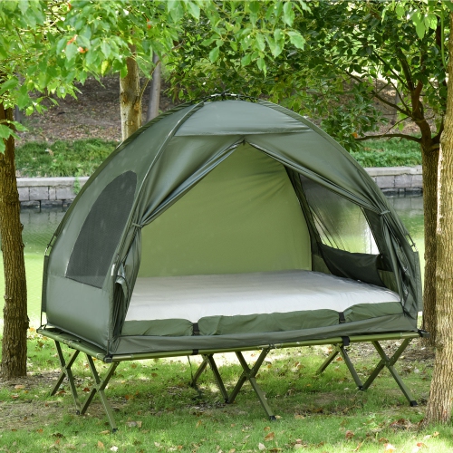Outsunny All in 1 Camping Combo Portable Folding Camping Tent Cot Air Mattress w/ Carry Bag and Pump Hiking Shelter Sleeping Bed Dark Green