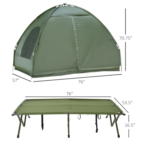 Outsunny All in 1 Camping Combo Portable Folding Camping Tent Cot Air Mattress w/ Carry Bag and Pump Hiking Shelter Sleeping Bed Dark Green