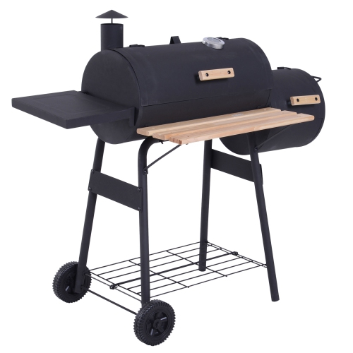 Image 1 de 9.. Barbecue au charbon de 49 po Outsunny avec fumoir décalé, fumoir portatif pour la cuisson d'extérieur, barbecue à pique-nique, camp de plein air,