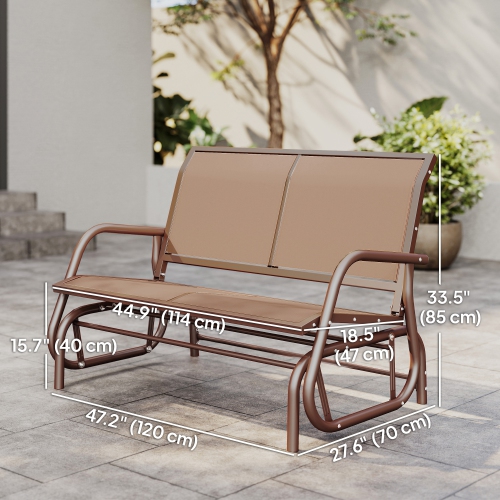 Outsunny Patio Double Glider Outdoor Steel Sling Fabric Gliding Bench Garden Swing Chair Heavy-Duty Porch Rocker Garden Loveseat Coffee Brown