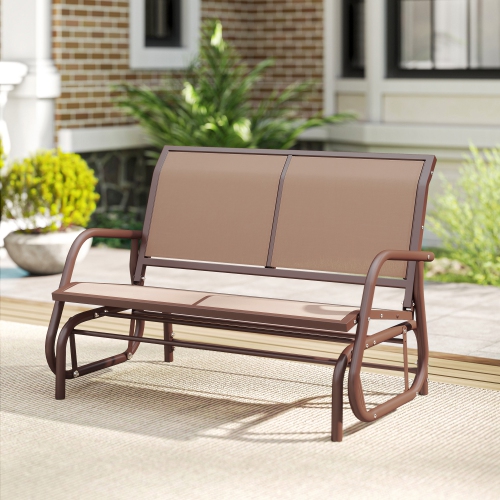 Outsunny Patio Double Glider Outdoor Steel Sling Fabric Gliding Bench Garden Swing Chair Heavy-Duty Porch Rocker Garden Loveseat Coffee Brown