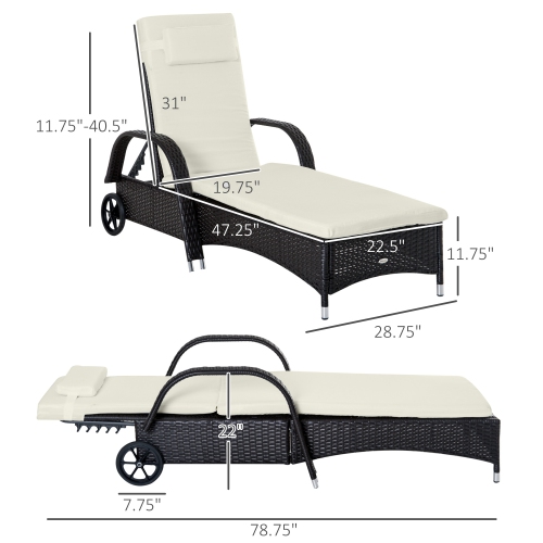 Outsunny Wicker Chaise Lounge, Outdoor Lounge Chair, PE Rattan Patio Sun lounger with Head-rest, 5-Level Height Adjust Backrest, Cushion & Wheels,