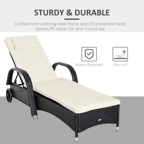 Outsunny Wicker Chaise Lounge, Outdoor Lounge Chair, PE Rattan Patio Sun lounger with Head-rest, 5-Level Height Adjust Backrest, Cushion & Wheels,