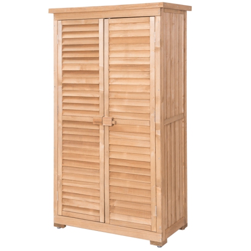 GYMAX  Outdoor 63" Tall Wooden Garden Storage Shed Fir Wood Shutter Design Lockers