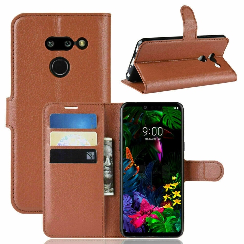 [CS] LG G8 ThiQ – Étui portefeuille folio en cuir magnétique à rabat avec fente pour carte, brun