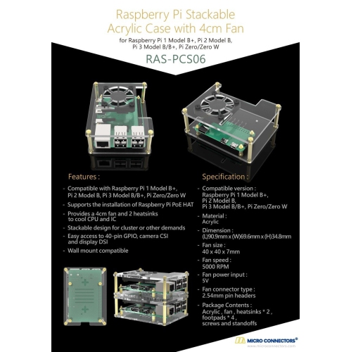 Micro Connectors Acrylic Stackable Raspberry Pi Case with 40mm Fan + Dual Heat Sinks (Raspberry Pi not included)
