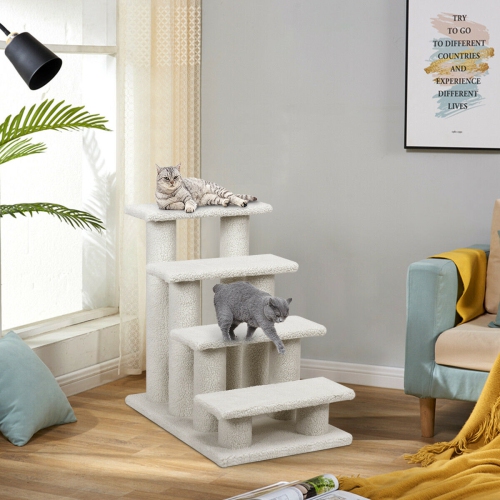 Gymax 24'' 4-Step Pet Stairs Carpeted Ladder Ramp 8 Scratching Post Cat Tree Climber