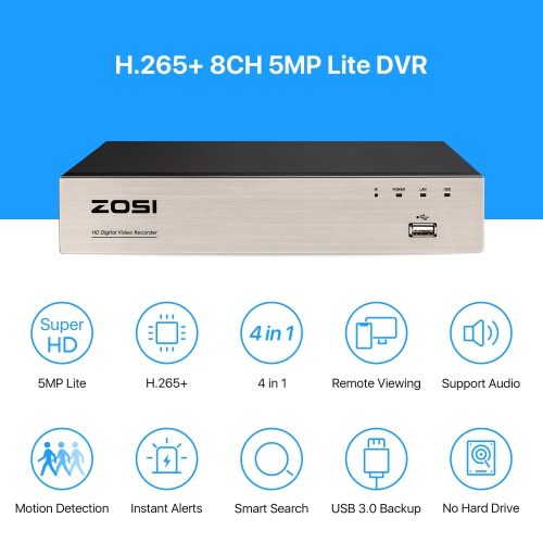 Enregistreur vidéo numérique de sécurité EVN 4-en-1 H.265+ 8CH 2&nbsp;Mpx de ZOSI pour caméras de surveillance analogiques 720P/1080p HD-TVI, CVI,