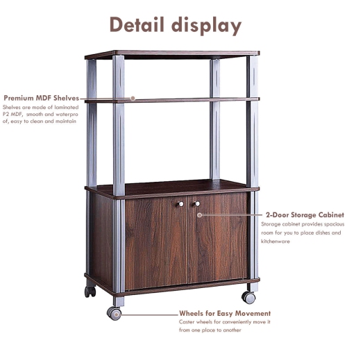Gymax Bakers Rack Microwave Stand Rolling Storage Cart Multi-functional Display Walnut