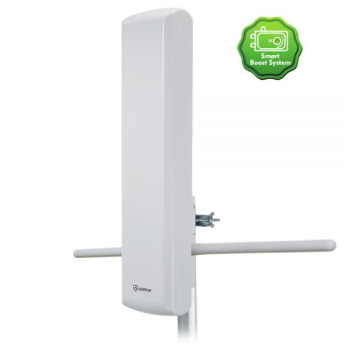 Antop SBS-802 HD Panel Panel Antenne amplifiée d'extérieur FM et HD avec système Smart Boost, Portée de 85 km - Blanc