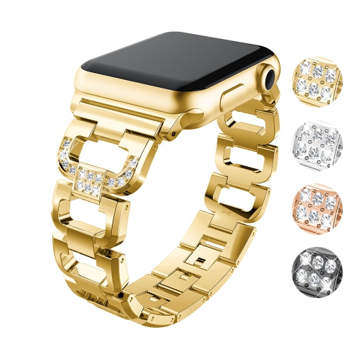 StrapsCo Alloy Metal Link Watch Bracelet Band Strap with Rhinestones for Apple Watch Series 1/2/3/4 - 42mm - Yellow Gold