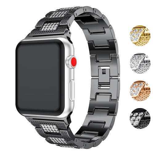 STRAPSCO  Stainless Steel Link Watch Bracelet Band With Rhinestones for Apple Watch Series 1/2/3/4 - 44MM - In Black