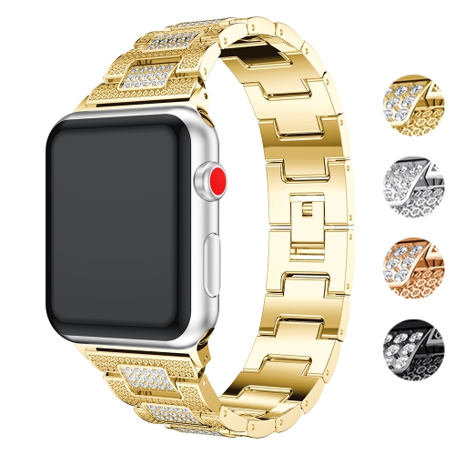 StrapsCo Stainless Steel Link Watch Bracelet Band with Rhinestones for Apple Watch Series 1/2/3/4 - 40mm - Yellow Gold