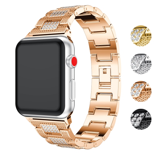 STRAPSCO  Stainless Steel Link Watch Bracelet Band With Rhinestones for Apple Watch Series 1/2/3/4 - 44MM - Rose In Gold