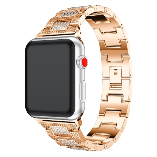 StrapsCo Stainless Steel Link Watch Bracelet Band with Rhinestones for Apple Watch Series 1/2/3/4 - 44mm - Rose Gold