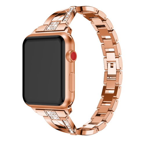 StrapsCo Alloy Metal Link Watch Bracelet Band with Rhinestones for Apple Watch Series 1/2/3/4 - 40mm - Rose Gold