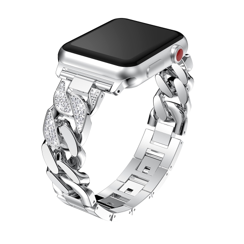 StrapsCo Bracelet de Montre en Chaîne en Alliage de Métal avec Pierres de Strass pour Apple Watch Séries 1/2/3/4 - 40mm - Argent