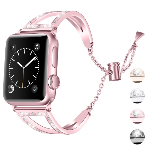 StrapsCo Stainless Steel Watch Bracelet Band Strap with Rhinestones for Apple Watch Series 1/2/3/4 - 38mm - Pink Gold